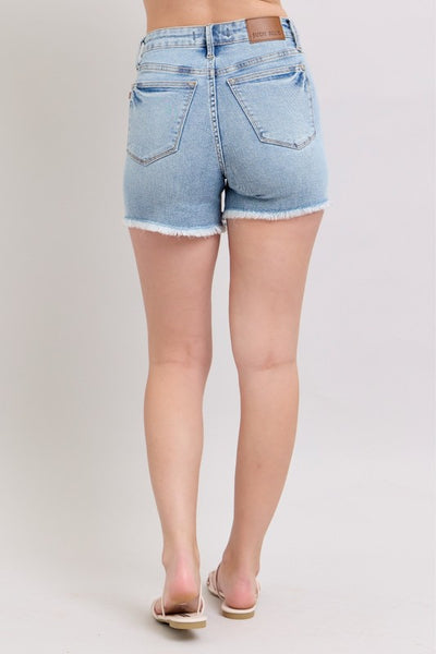 Judy Blue HW Tummy Control Light Destroy & Fray Hem Shorts