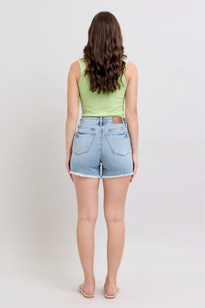 Judy Blue HW Tummy Control Light Destroy & Fray Hem Shorts