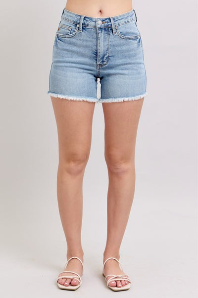 Judy Blue HW Tummy Control Light Destroy & Fray Hem Shorts