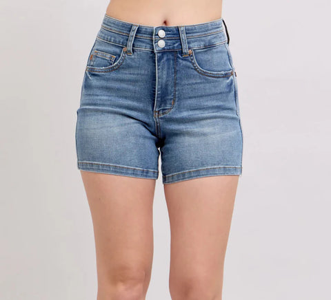 Judy Blue HW Tummy Control Cool Denim Double Waistband Shorts